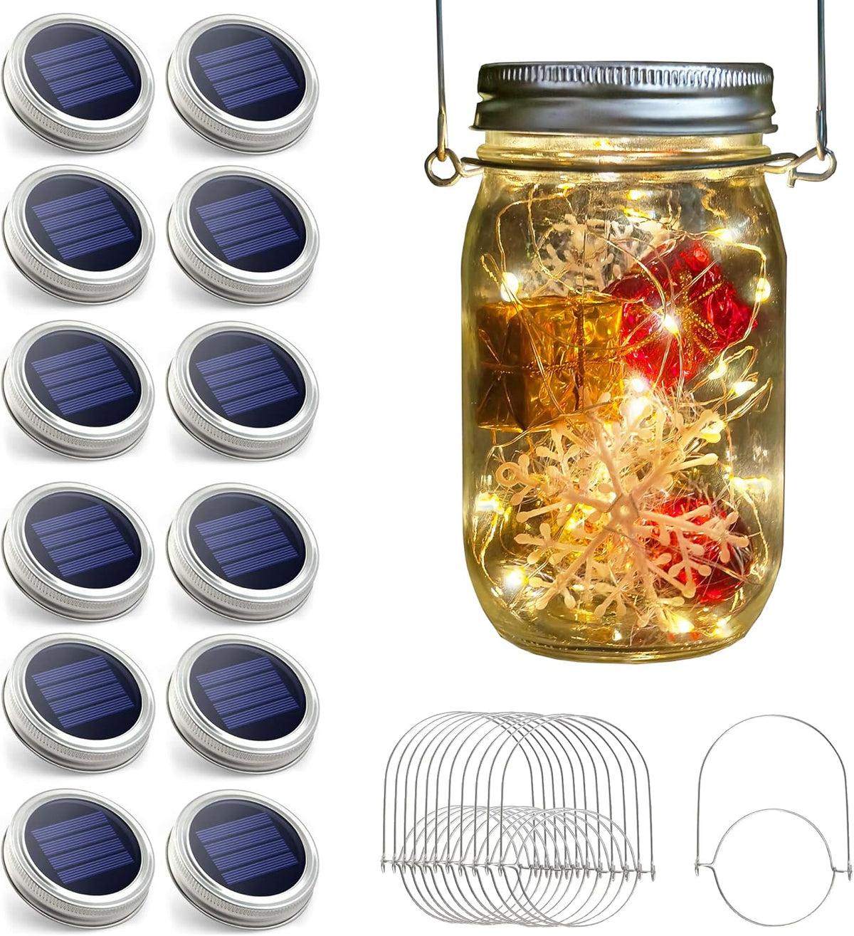 Urvoix Solar Mason Jar Lights - 12 Pack 30 Led Waterproof Jar Lids String Lights with 12 Handle
