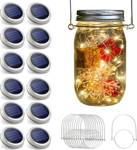 Urvoix Solar Mason Jar Lights - 12 Pack 30 Led Waterproof Jar Lids String Lights with 12 Handle