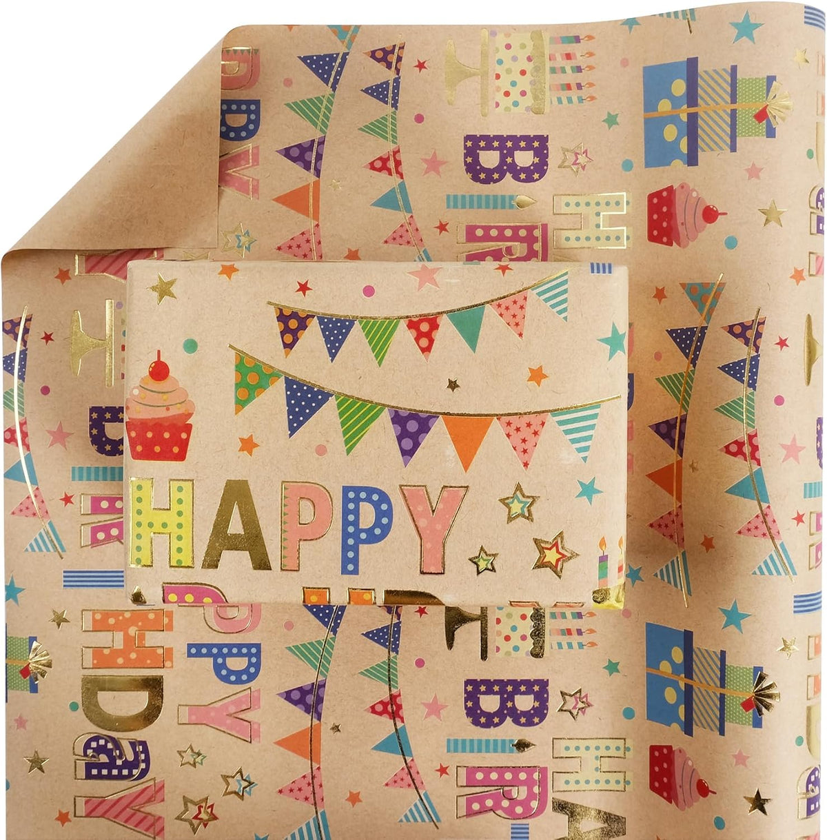 Aimyoo Colorful Birthday Wrapping Paper Roll - 17 Inch X 32.8 Feet - Gold Foil Happy Birthday