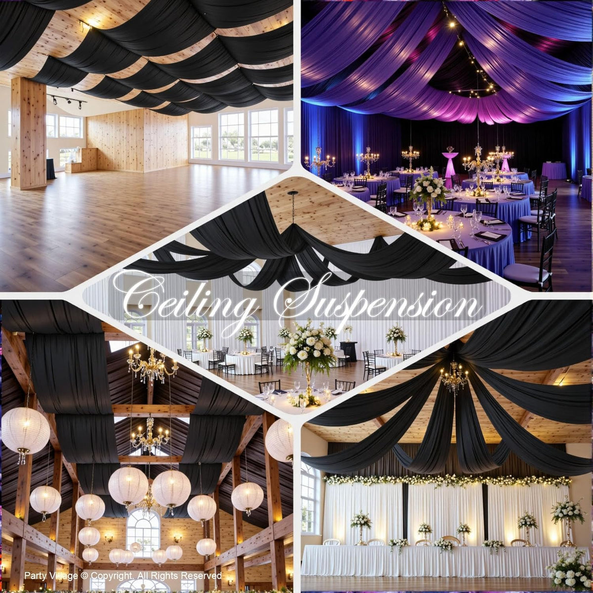 PartyVillage 8 Panels 5ftx30ft Black Ceiling Drapes for Halloween Parties – 30 FT Extra Long Thick