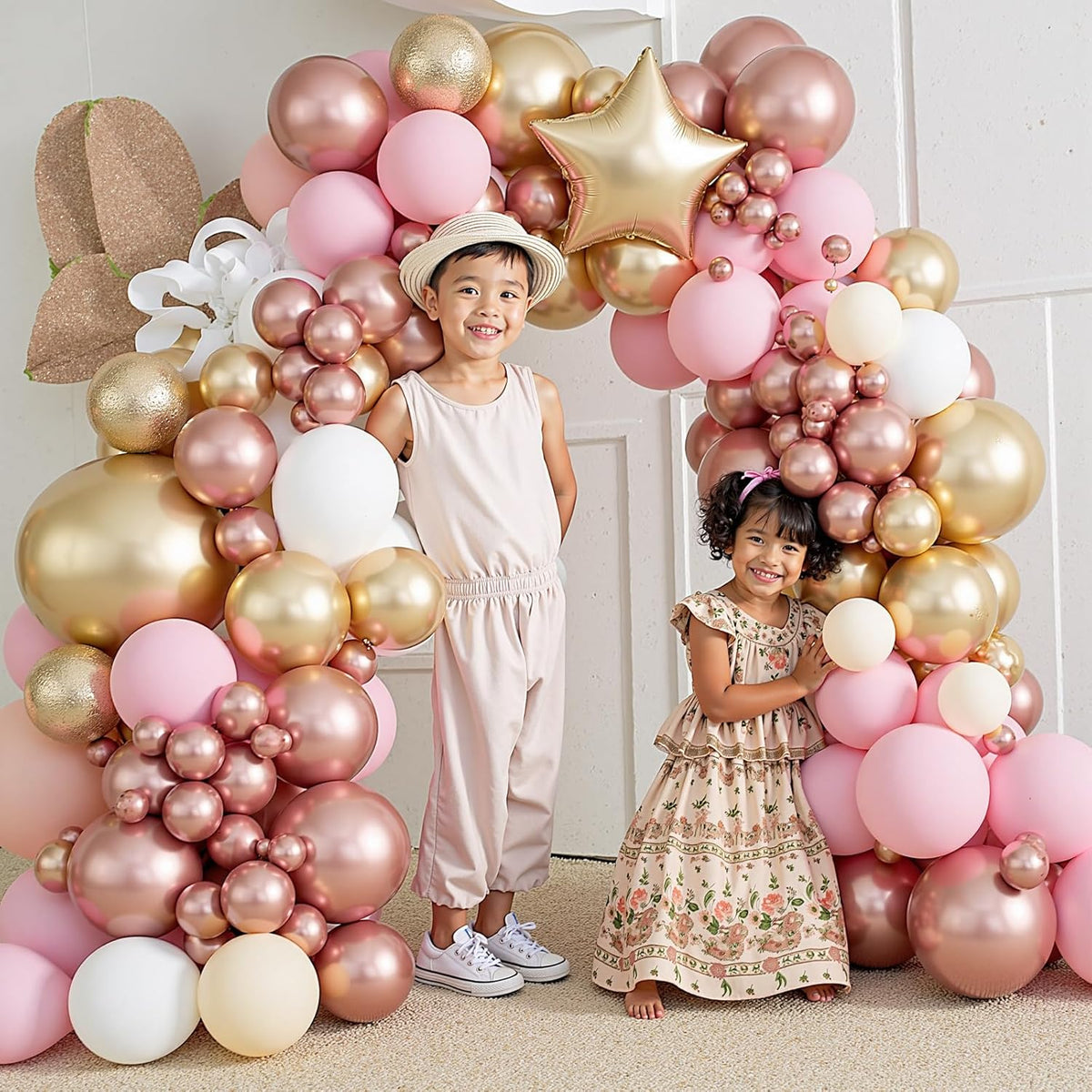 412Pcs Rose Gold Balloon Garland Arch Kit,18 12 10 5 Inch Nude Pastel Pink Metallic Gold White