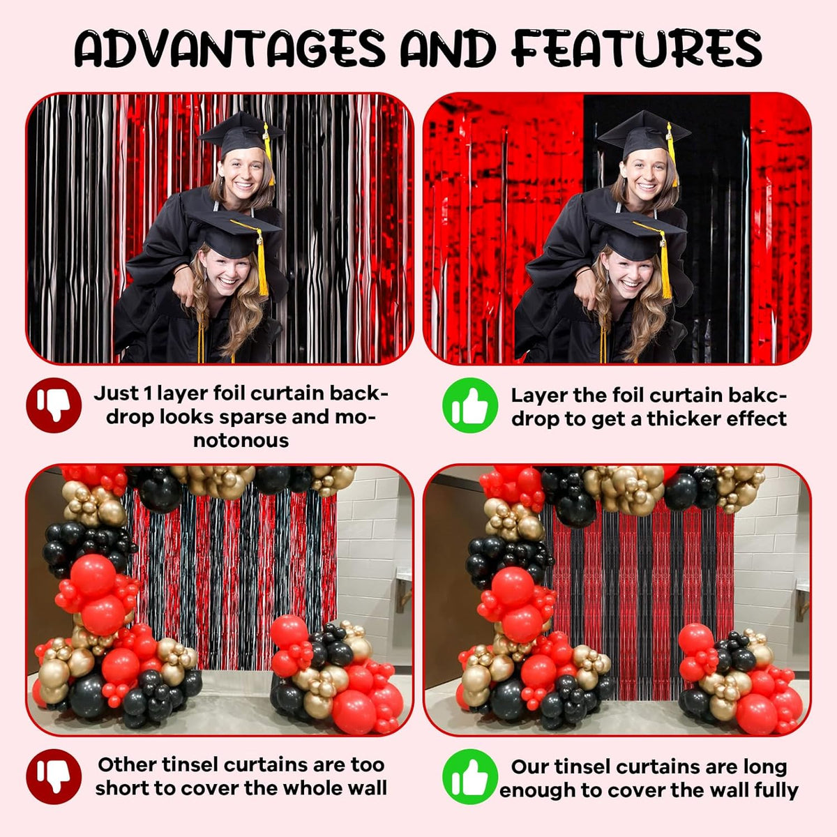 2 Pack 3.3x8.2 Feet Red and Black Foil Fringe Backdrop Curtains, Tinsel Streamers Birthday Party