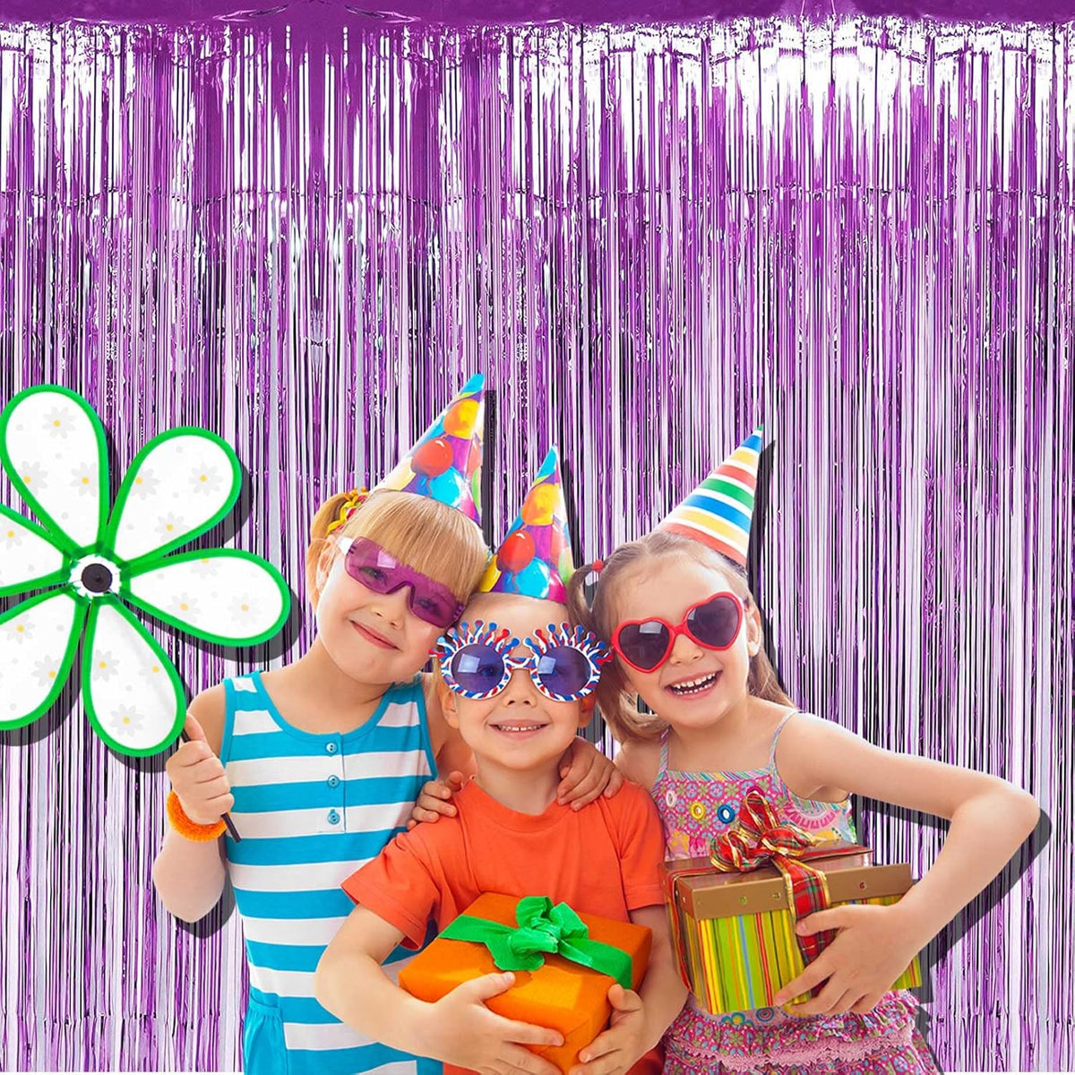 4 Pack Light Purple Foil Fringe Curtain Backdrop, 3.28Ft x 8.2Ft Metallic Tinsel Foil Fringe