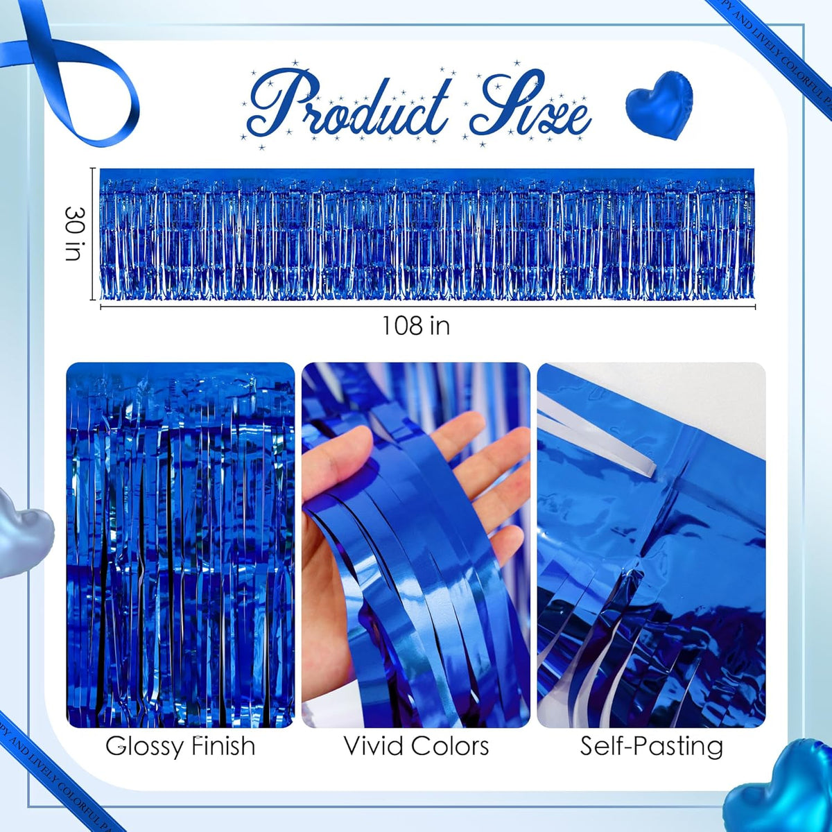3 Pack Blue Series Table Skirts, 29x108" Metallic Foil Tinsel Fringe Table Skirt for Rectangle
