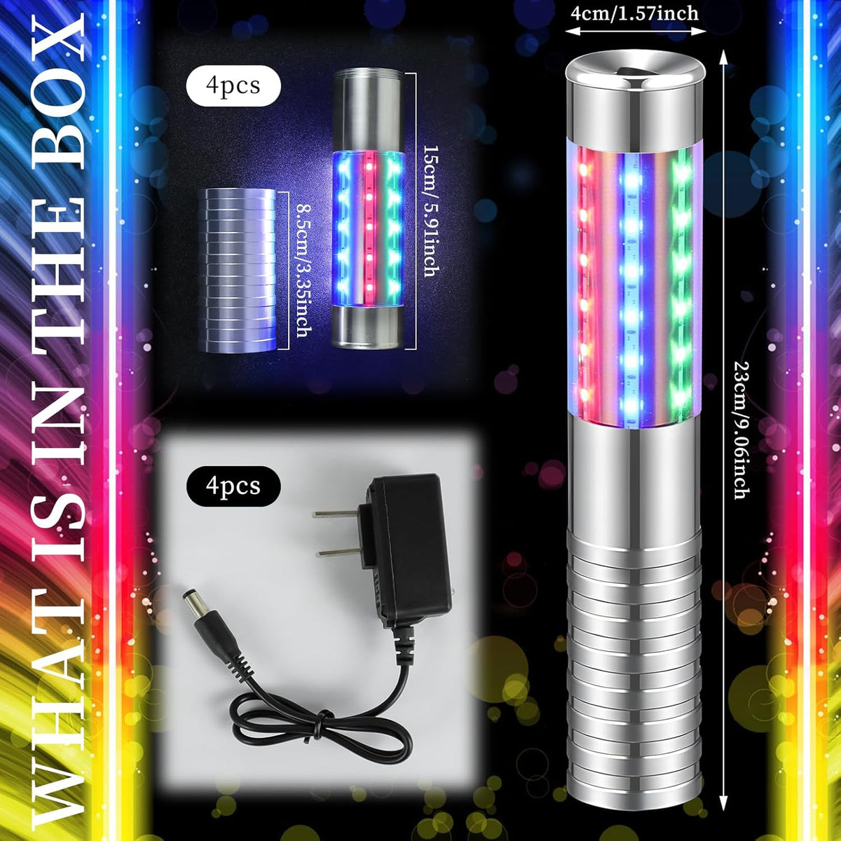 4 Pieces RGB LED Strobe Baton Light Rechargeable Bottle Service Sparklers Stick Reusable Champagne