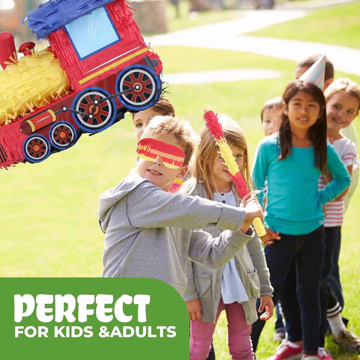 3D Train Pinata Bundle with a Blindfold and Bat (16x10.6x6.7 Inches), Train Pinata for Boys