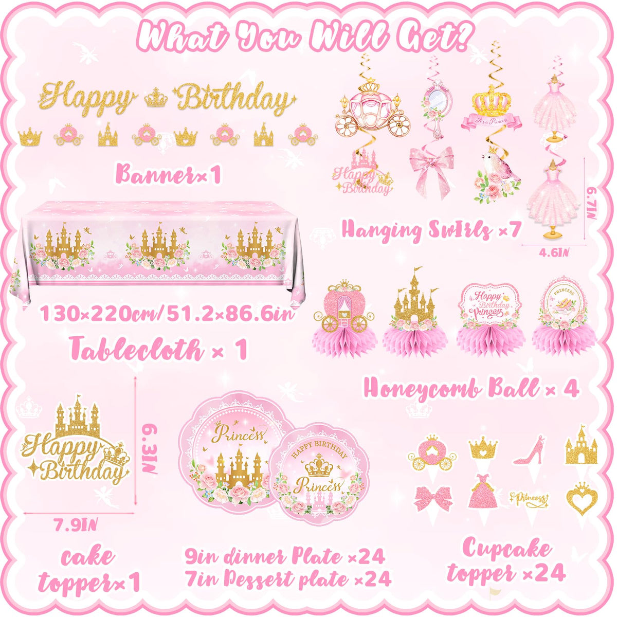196Pcs Princess Birthday Party Decorations Serves 24,Pink Princess Birthday Themed Tableware