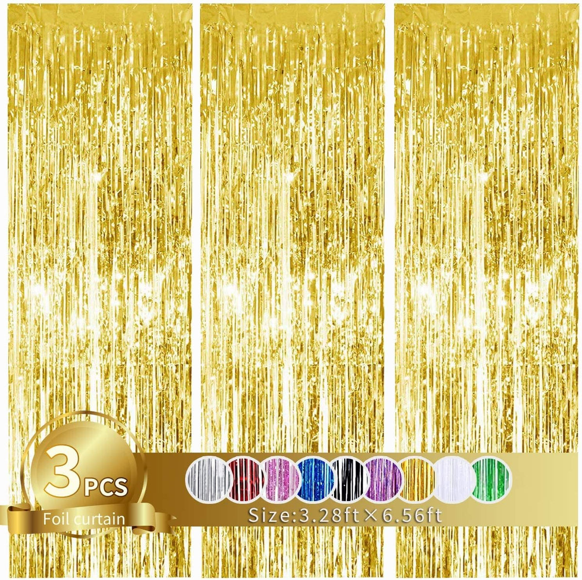3Pcs Gold Metallic Tinsel Foil Fringe Curtains,3.28ft x 6.56ft Gold Photo Booth Backdrop Streamer