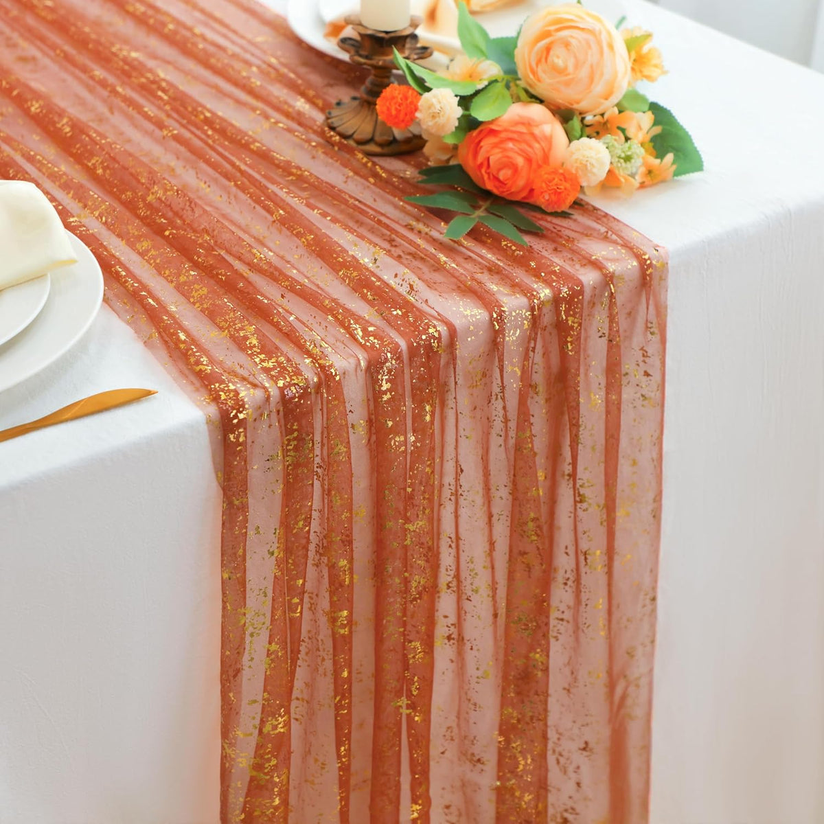 Snowkingdom 10 FT Fall Thanksgiving Table Runner Terracotta Gold Table Runner Burnt Orange Rust