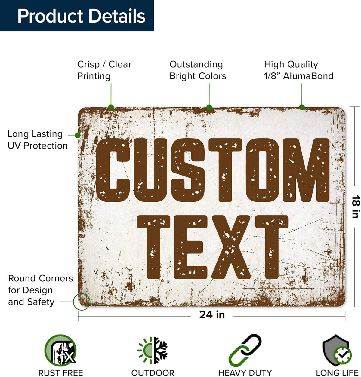Custom Sign, Custom Street Sign, 11 Font Colors, 13 Font Styles, 4 Hole Options, 22 Sizes, 18x24