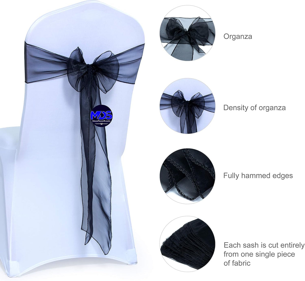 MDS Pack of 75 PCS Organza Chair Sashes Wider Dining Chair Bows Ribbon Tie Back for Wedding Party