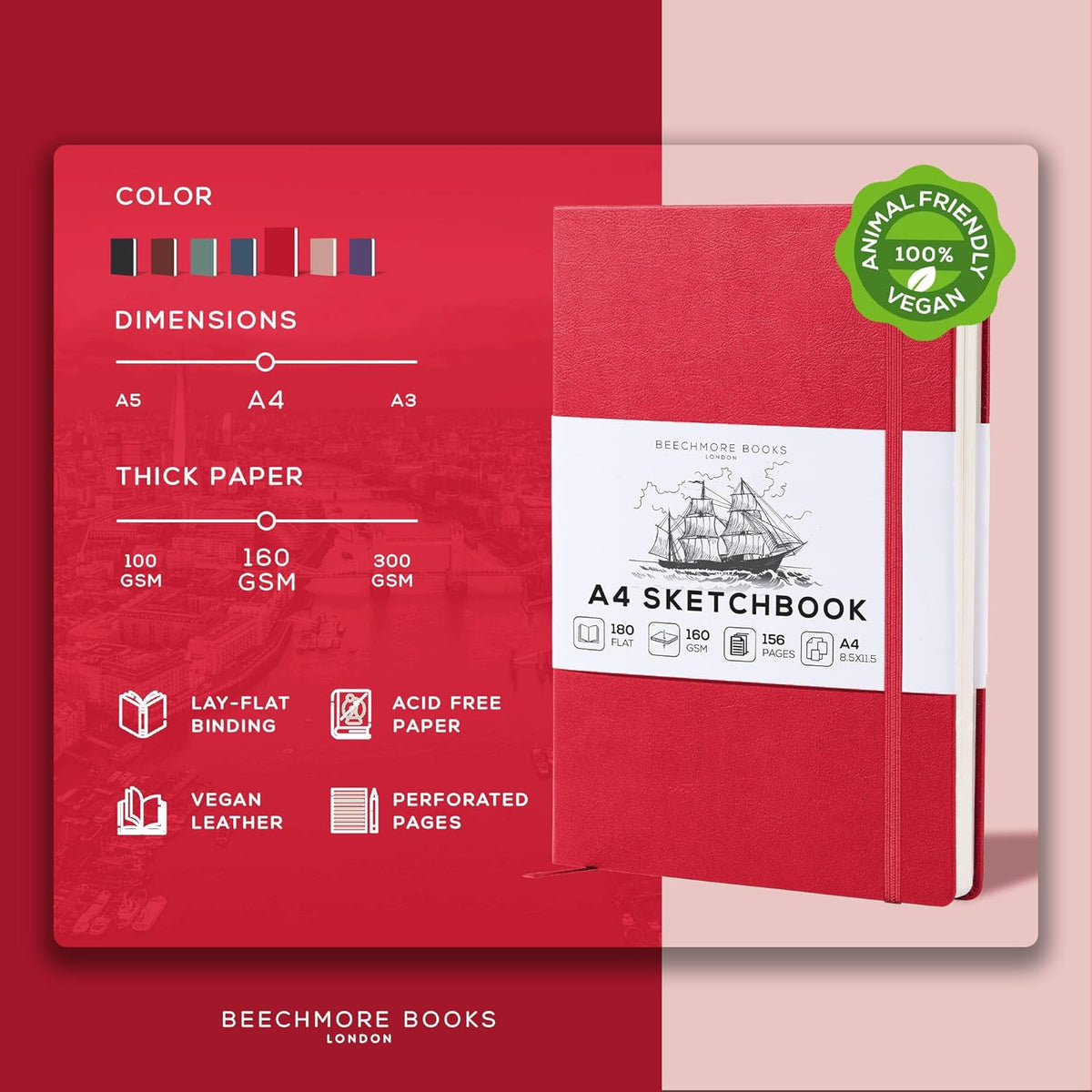 Beechmore Books A4 Sketchbook ??8.5x11 Premium Vegan Leather Bound Large Sketch Book Hardcover with