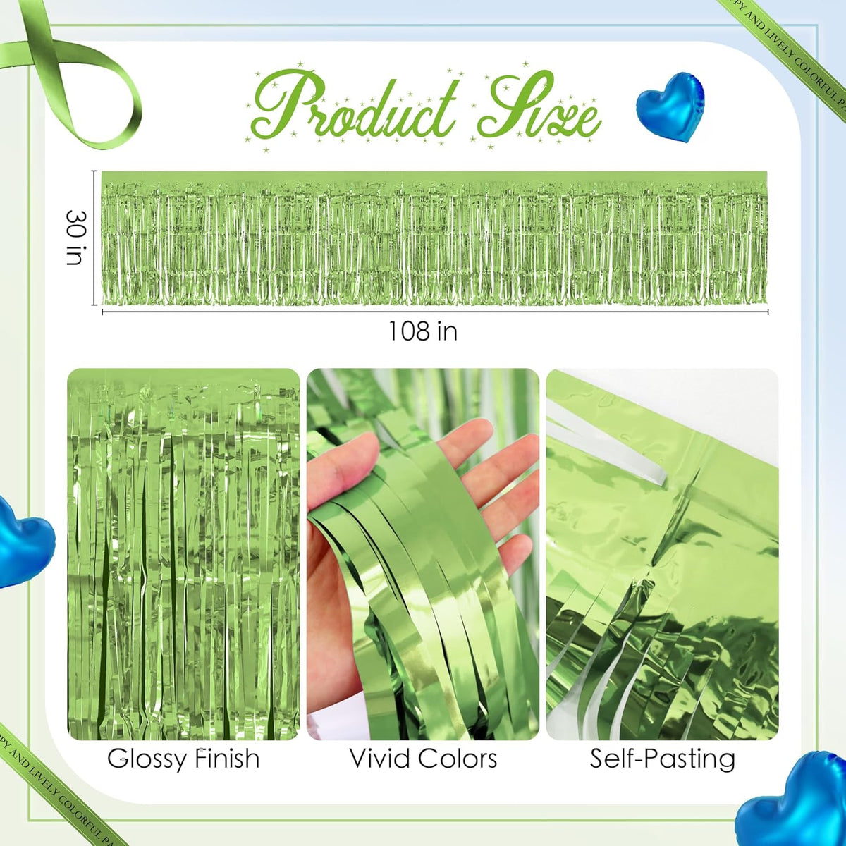 2 Pack Lake Blue Lime Green Table Skirts, 29x108" Metallic Foil Tinsel Fringe Table Skirt for