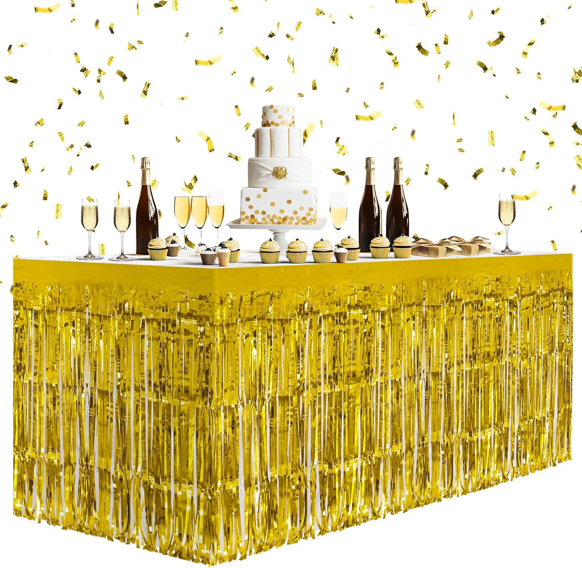 2 Pack Gold Table Skirts, 29x108" Metallic Foil Tinsel Fringe Table Skirts for Rectangle Tables