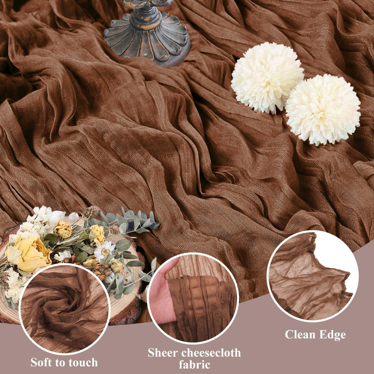 Asee'm 3pcs Cheesecloth Table Runner 120 Inches Long Brown Boho Gauze Cheese Cloth Runner 10FT