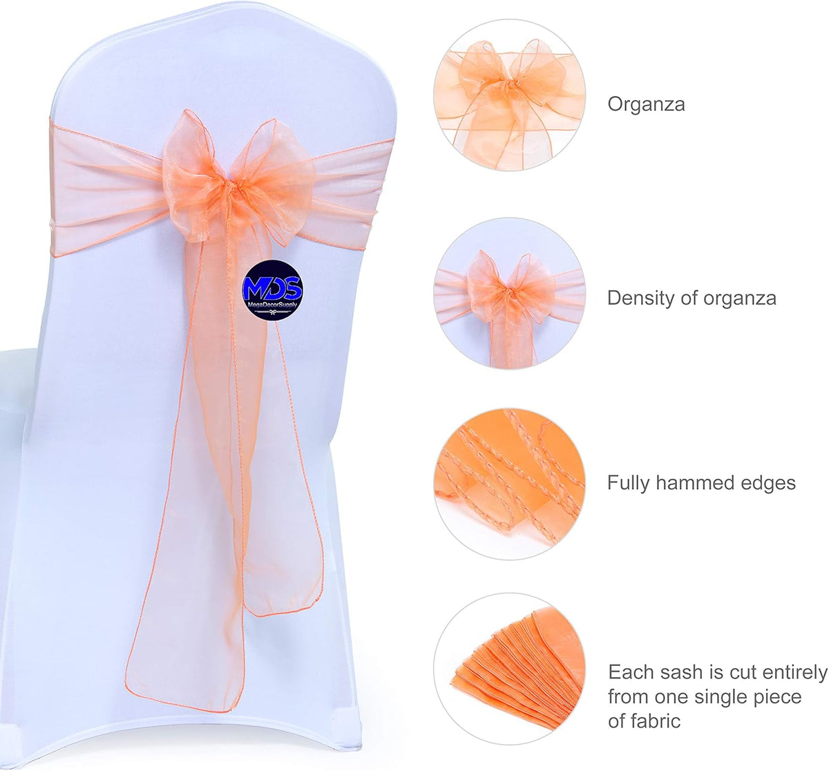 MDS Pack of 300 PCS Organza Chair Sashes Wider Dining Chair Bows Ribbon Tie Back for Wedding Party