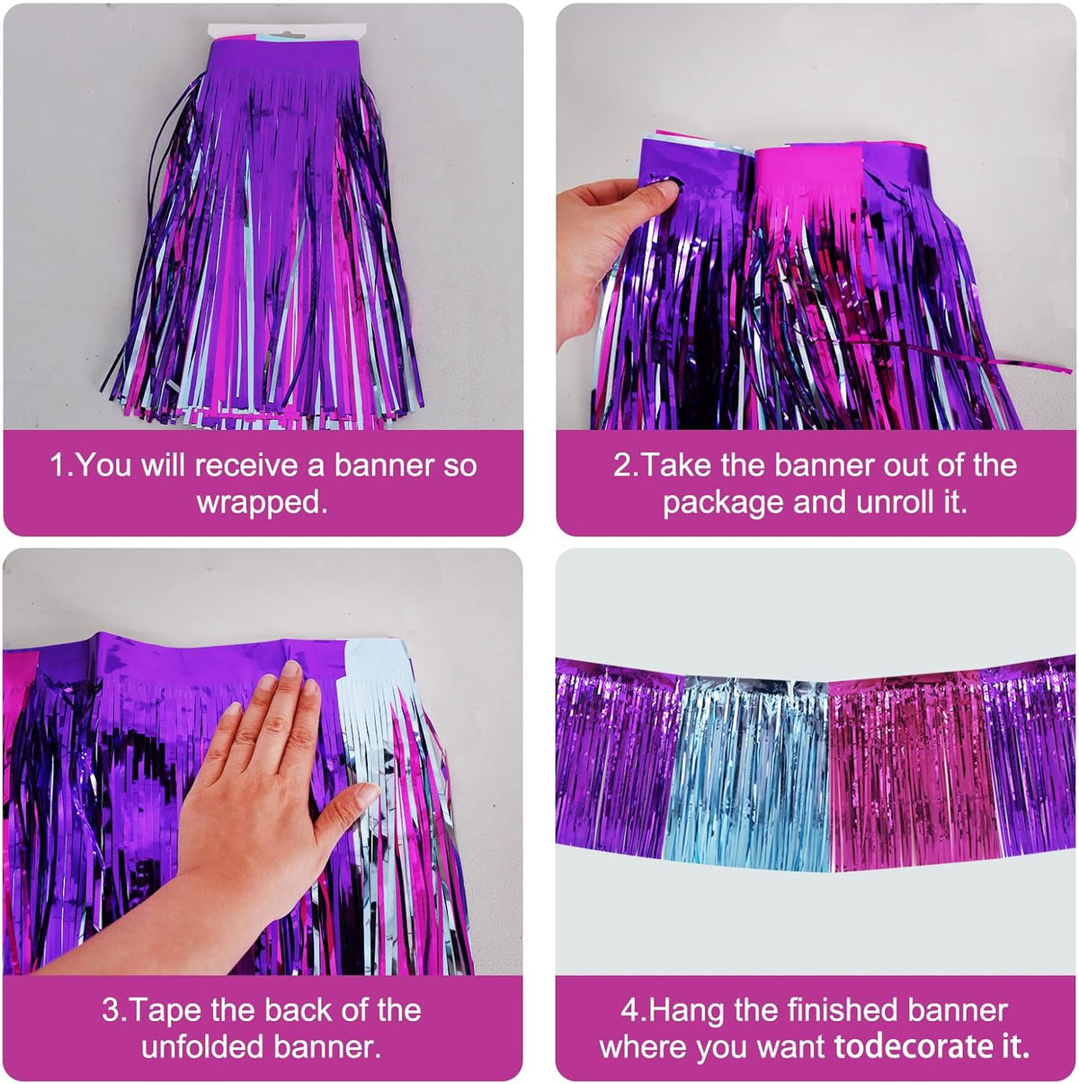 BEISHIDA 3 Packs Metallic Foil Fringe Garland Blue Purple Pink Wall Hanging Tinsel Fringe Banners