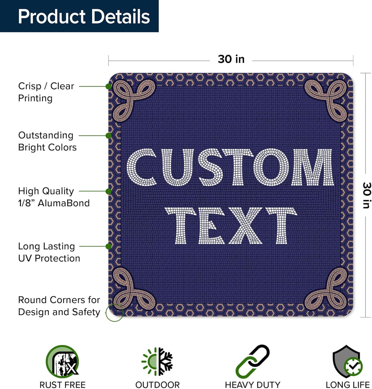 Custom Sign, Custom Street Sign, 11 Font Colors, 13 Font Styles, 4 Hole Options, 22 Sizes, 30x30