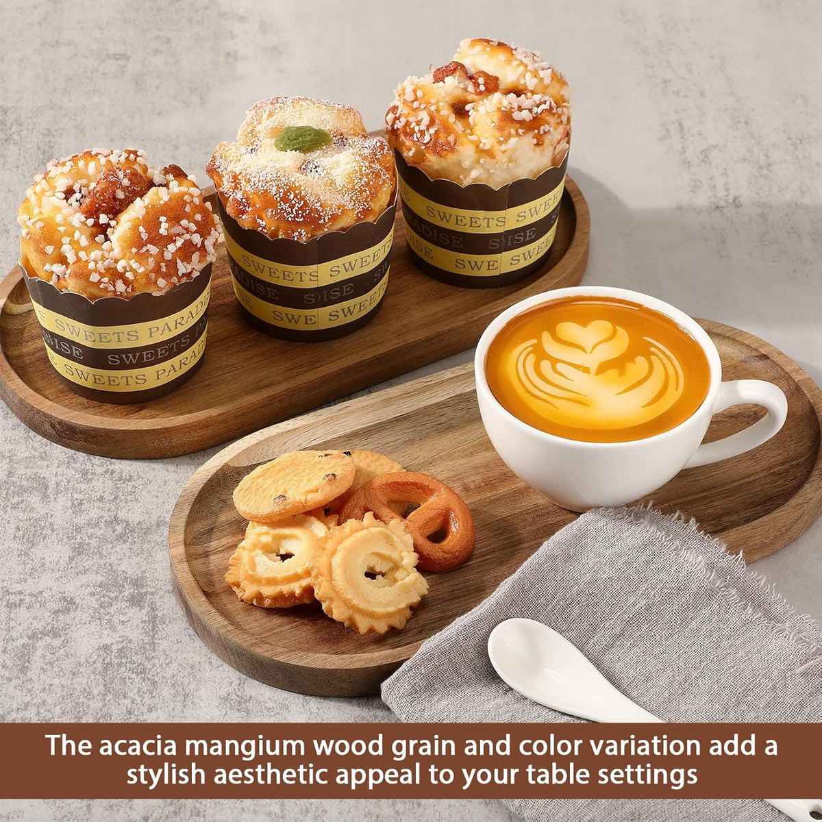 Wenqik 18 Pieces Acacia Wood Tray Set 10 x 5 Inch Acacia Oval Wood Tray Platters Plates Set for