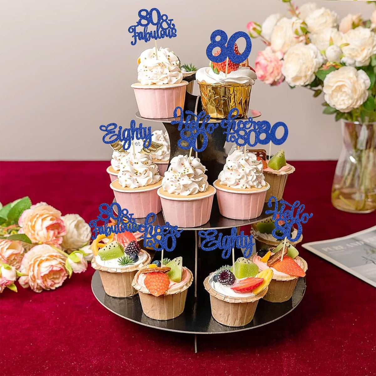 30Pcs Happy 80th Birthday Cupcake Toppers Eighty Cheers to 80 Years Old Birthday Cupcake Picks for