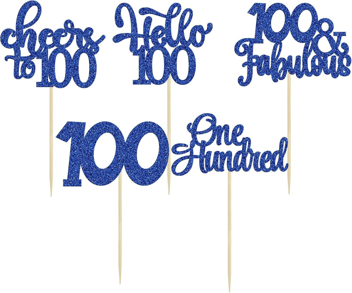 30pcs Happy 100th Birthday Cupcake Toppers - Deep Blue Glitter One Hundred Cheers to 100 Years Old