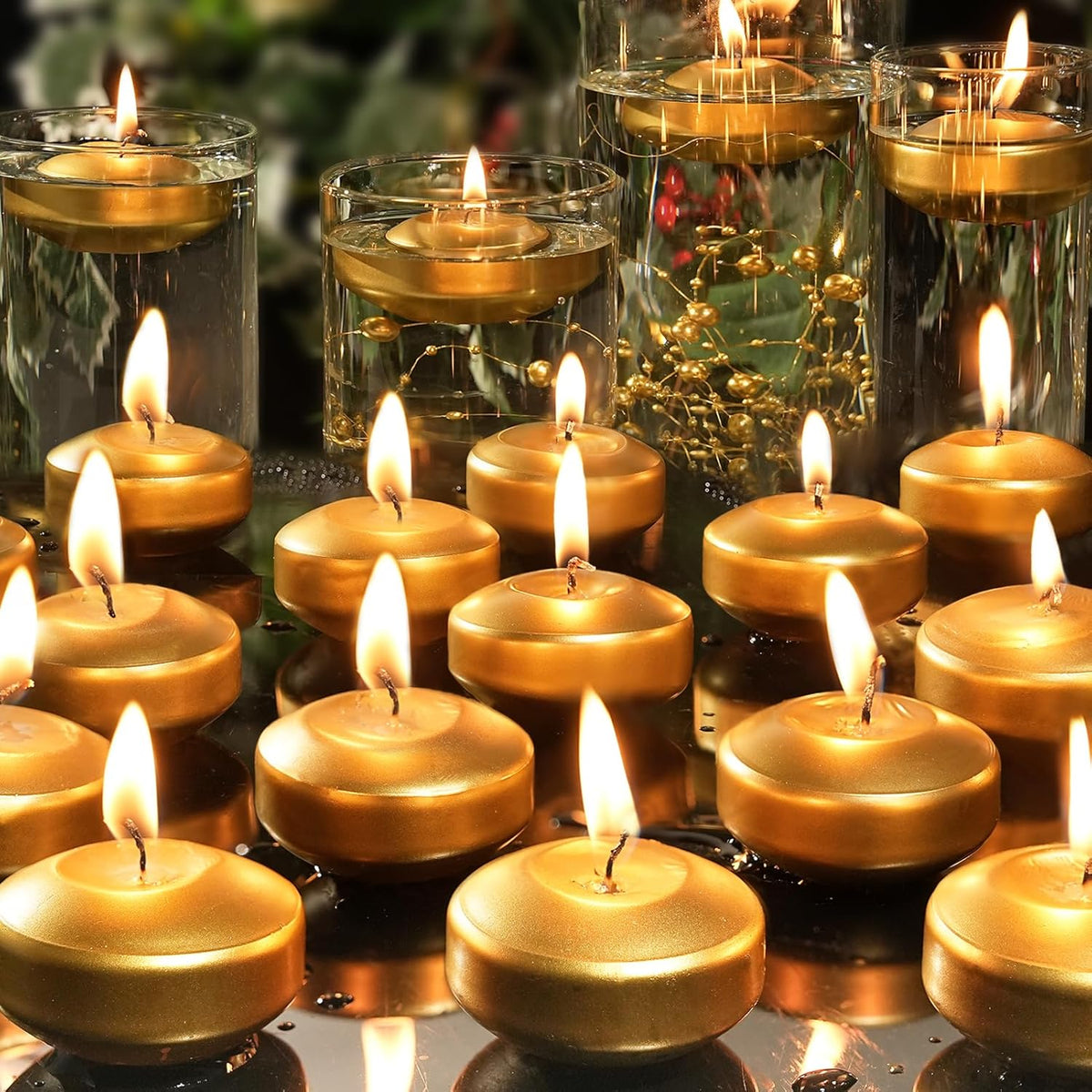 2 inch Gold Floating Candles, 48 Pack Unscented Floating Candles for Centerpieces,5-6 Hours Water