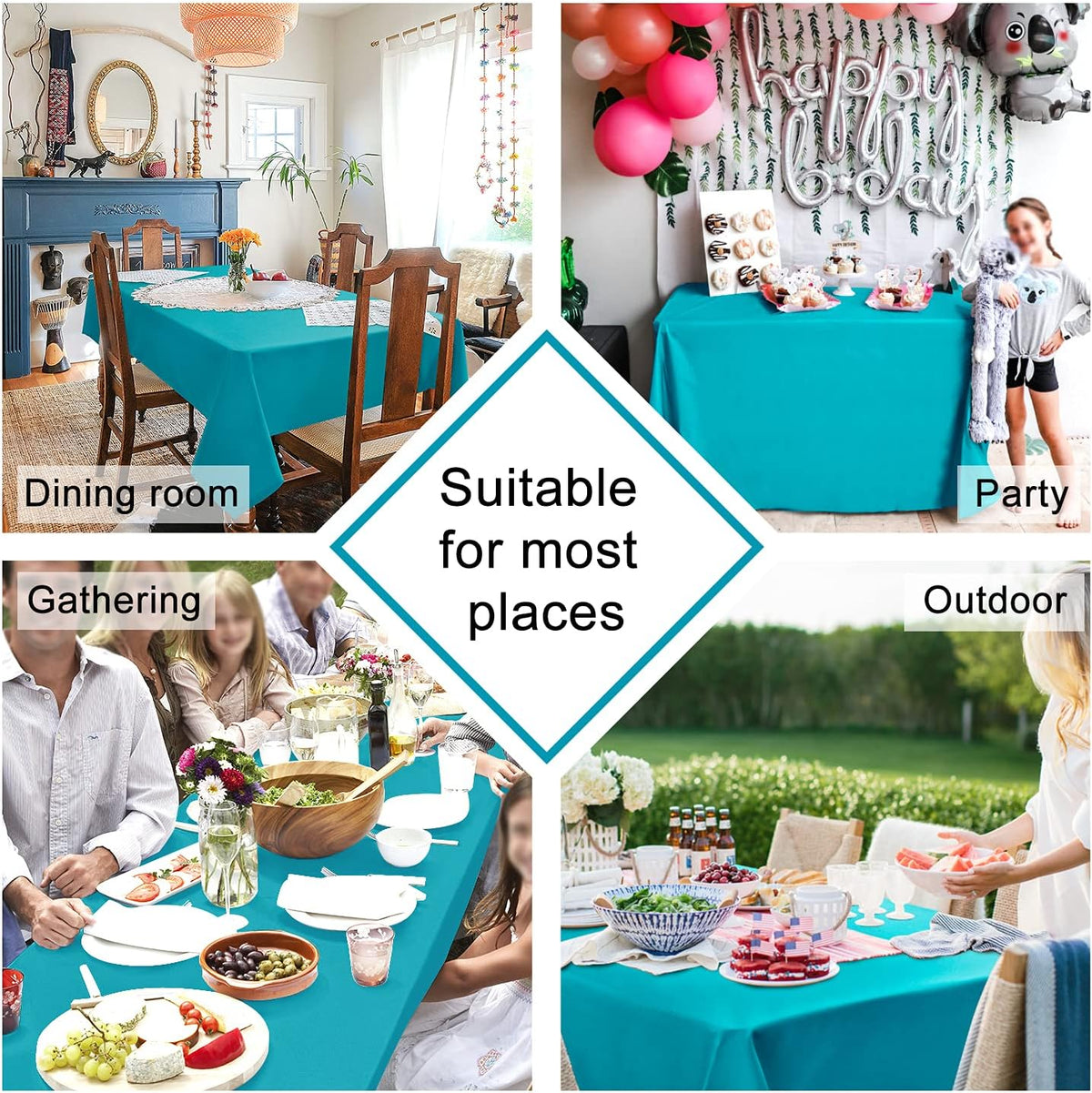 Hiasan Turquoise Square Tablecloth - Water Resistant and Spillproof Dining Room Washable Fabric