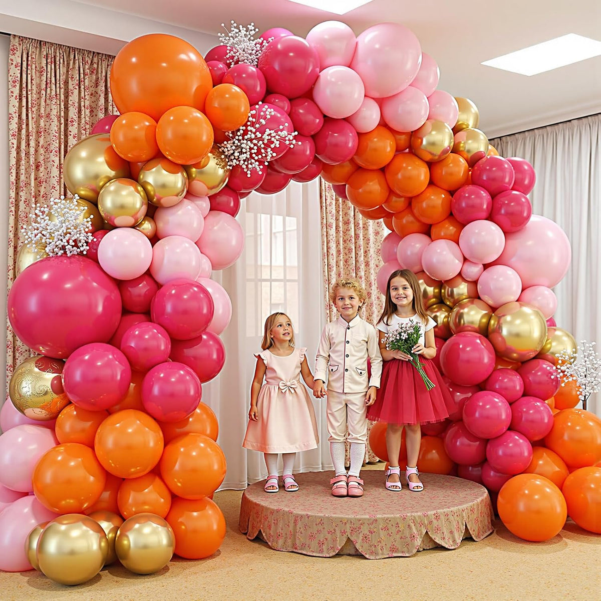 Pink and Orange Balloon Arch Kit,412Pcs Hot Pink Orange Metallic Gold Latex Balloon Garland kit 18