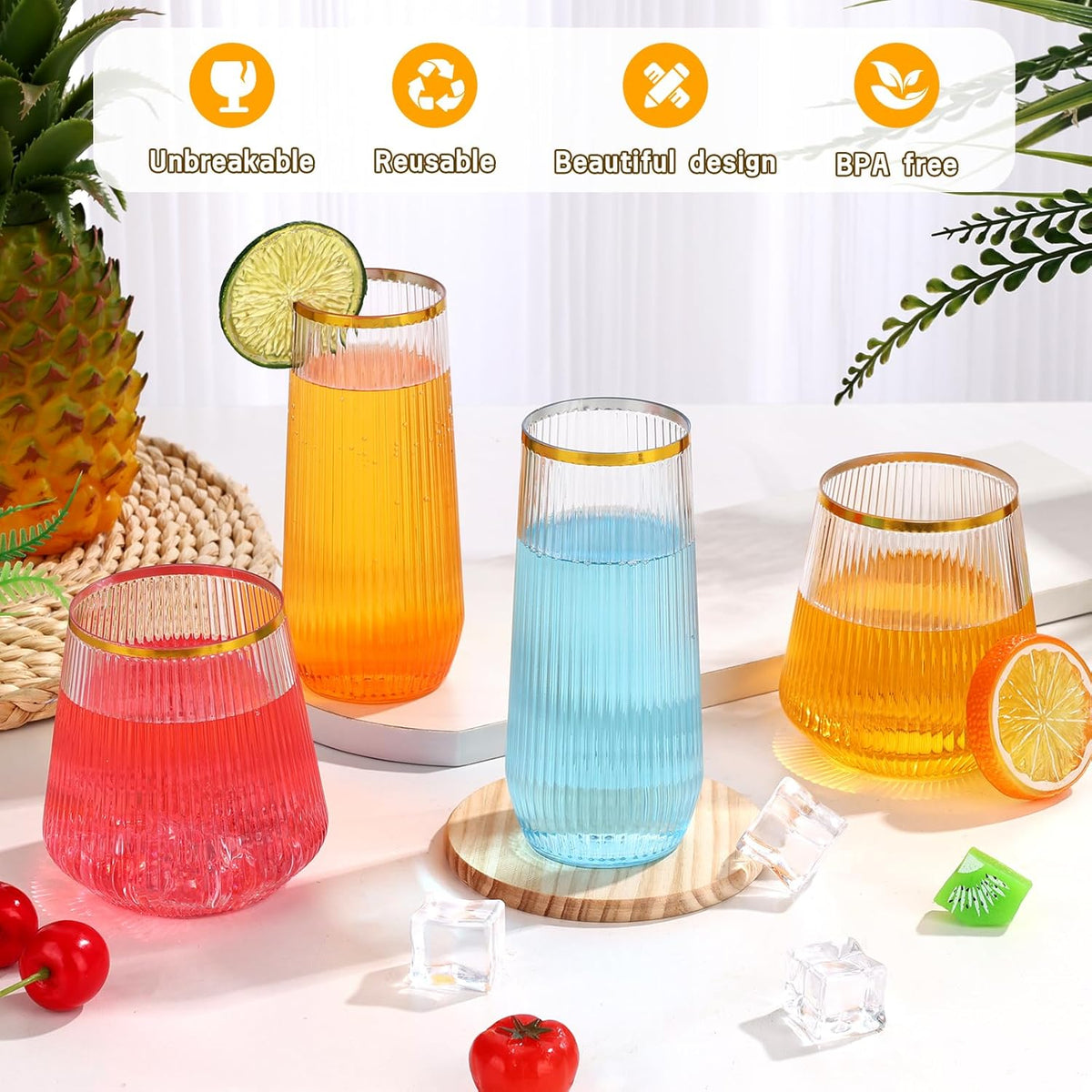 mwellewm 48 Pcs Plastic Wine Glasses Disposable, Cocktail Glasses Set 9 OZ Stemless Champagne
