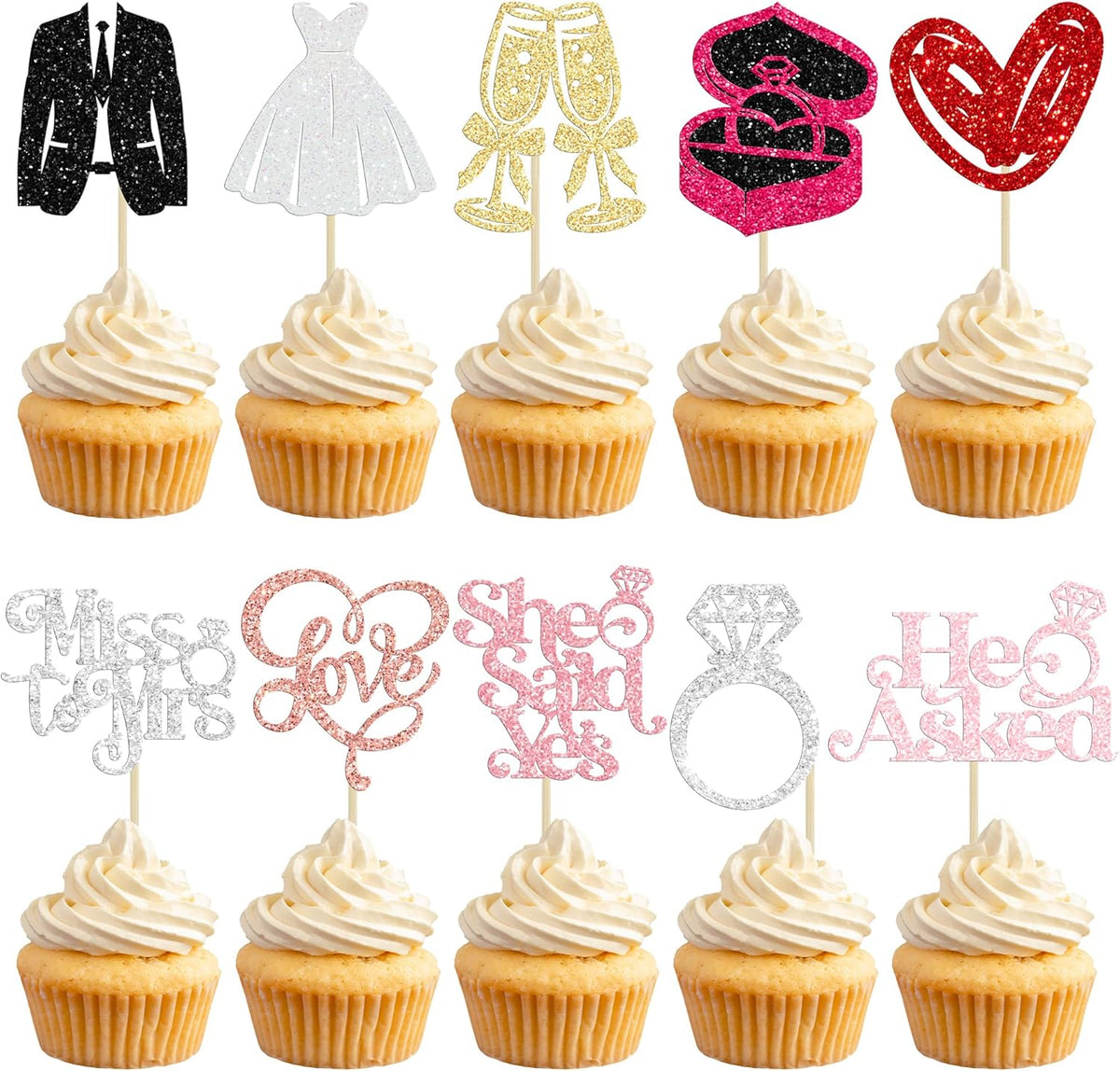 Gyufise 30Pcs She Said Yes Cupcake Toppers Glitter Diamond Ring I Do Love Cupcake Picks Miss to Mrs