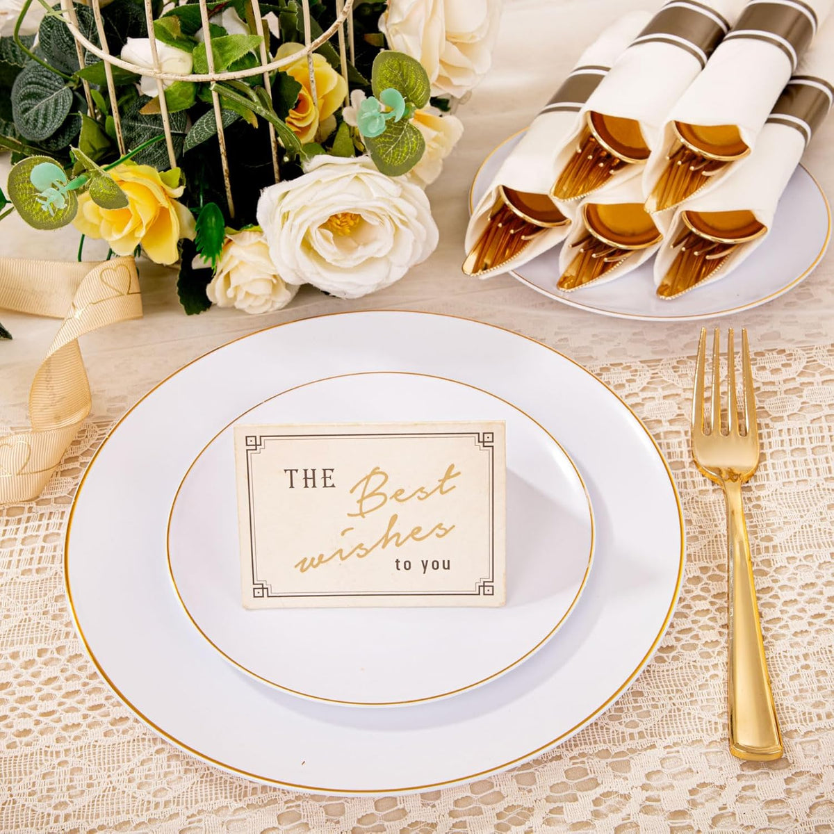 KIRE 350 PCS White and Gold Plates Disposable - Elegant Dinnerware Set of 50 Guest, White Plastic