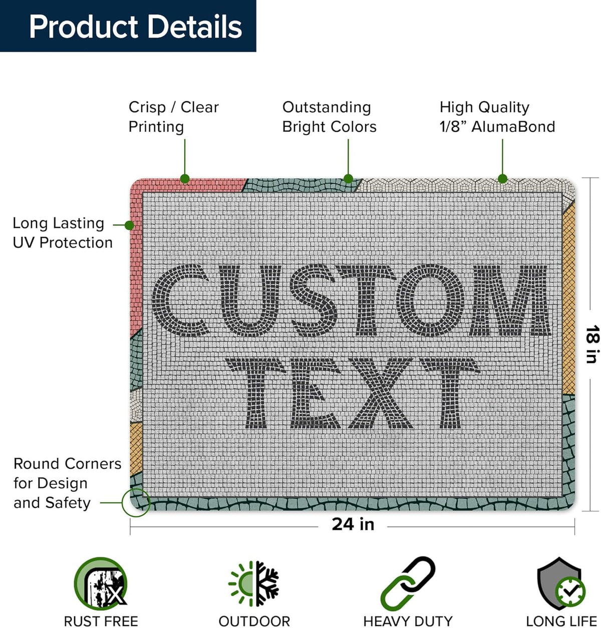 Custom Sign, Custom Street Sign, 11 Font Colors, 13 Font Styles, 4 Hole Options, 22 Sizes, 18x24