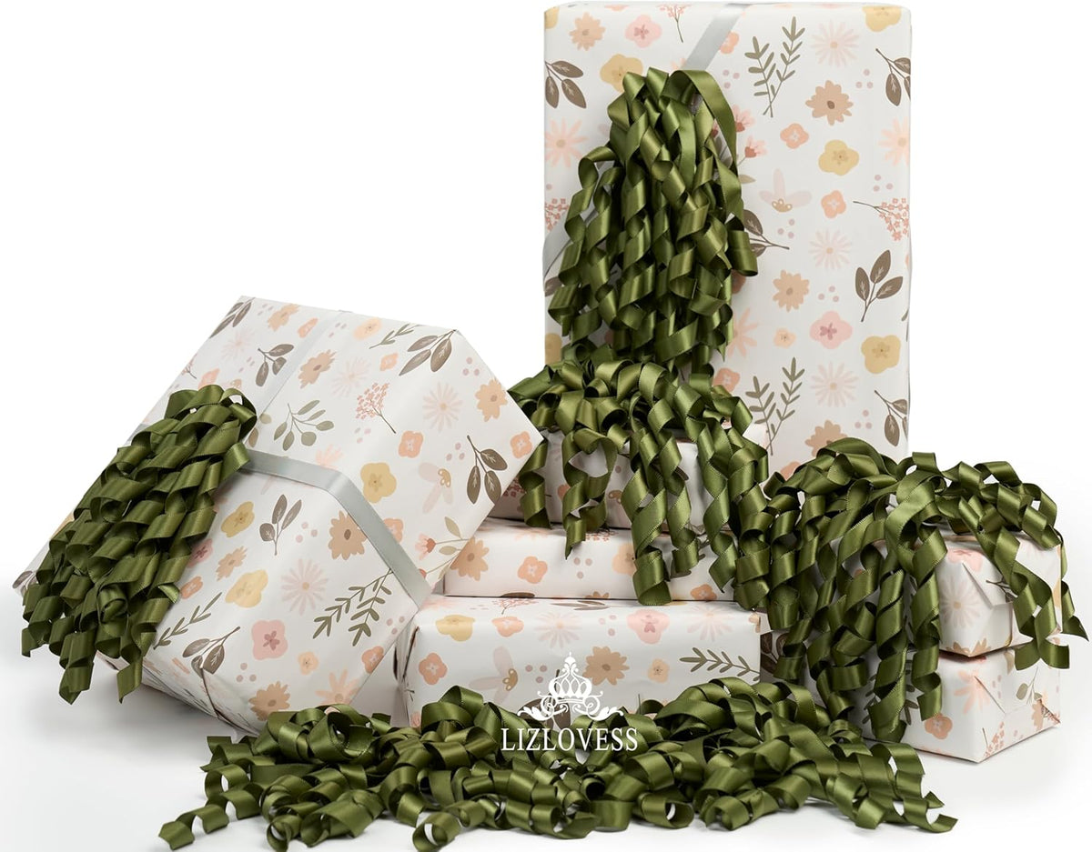 6 Inch Moss Curly Bows for Gift Wrapping Set of 6, Self Adhesive Bows Olive Green Gift Bows for