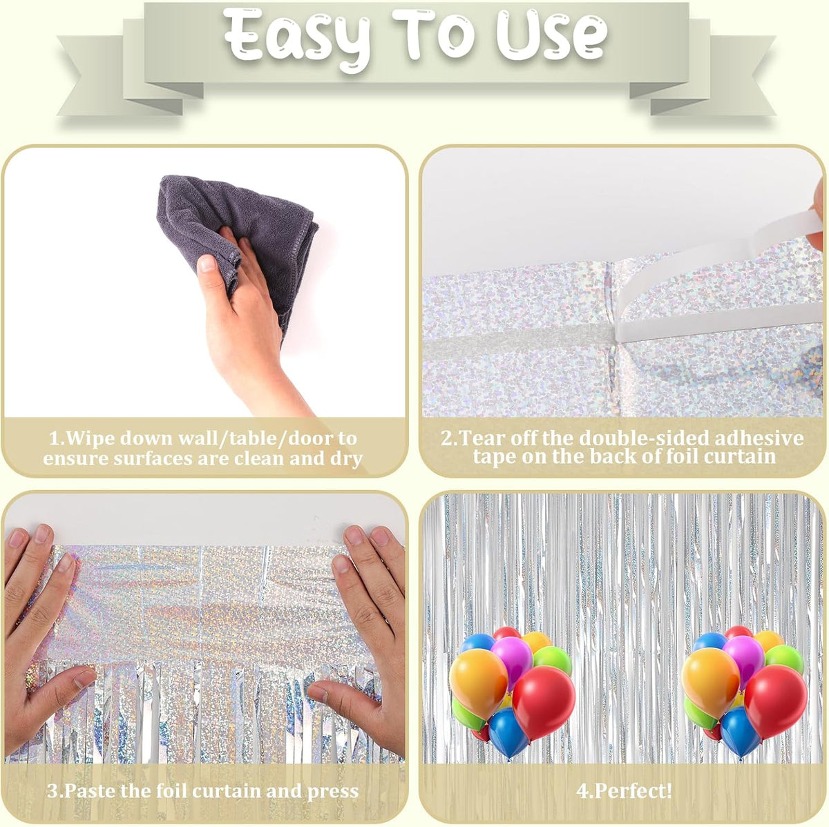 2 Pack Laser Silver Foil Fringe Backdrop Curtains, Tinsel Streamers Birthday Party Decorations