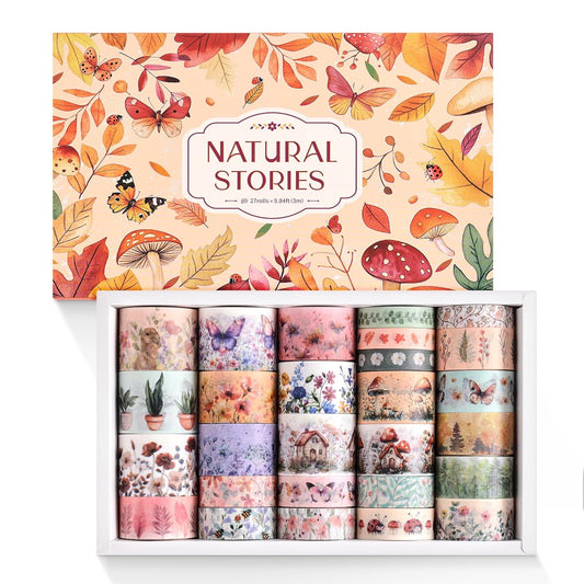 27 Rolls Vintage Washi Tape Set, Floral Butterfly Forest Mushroom Botanical Flower Writable