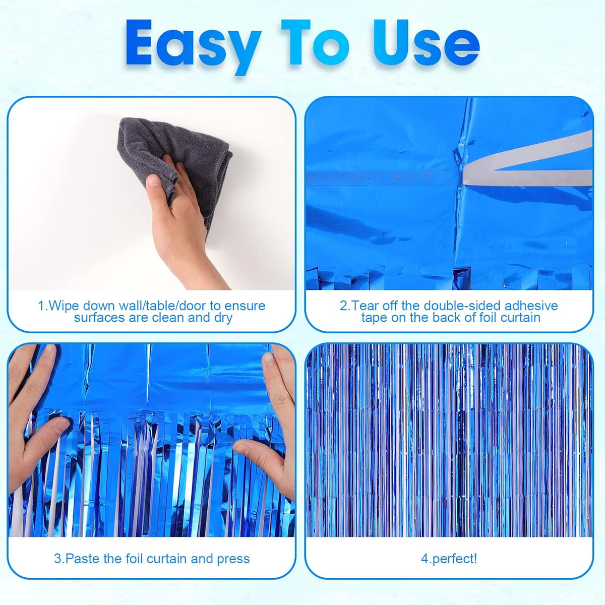 4 Pack Blue Foil Fringe Backdrop Curtains, Tinsel Streamers Birthday Party Decorations, Fringe
