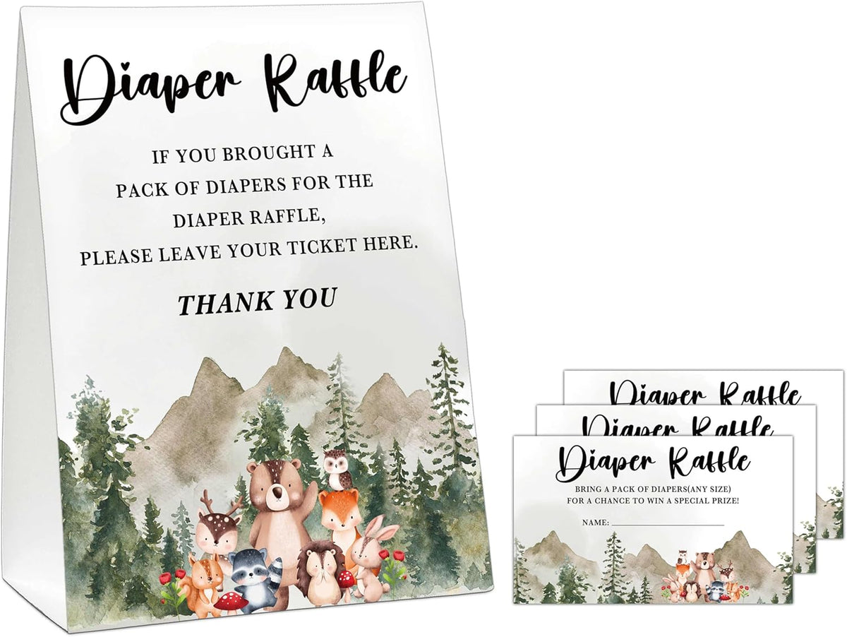 Woodland Baby Shower Game, Jungle Animal Safari 50 Diaper Raffle Tickets with 1 Standing Sign for