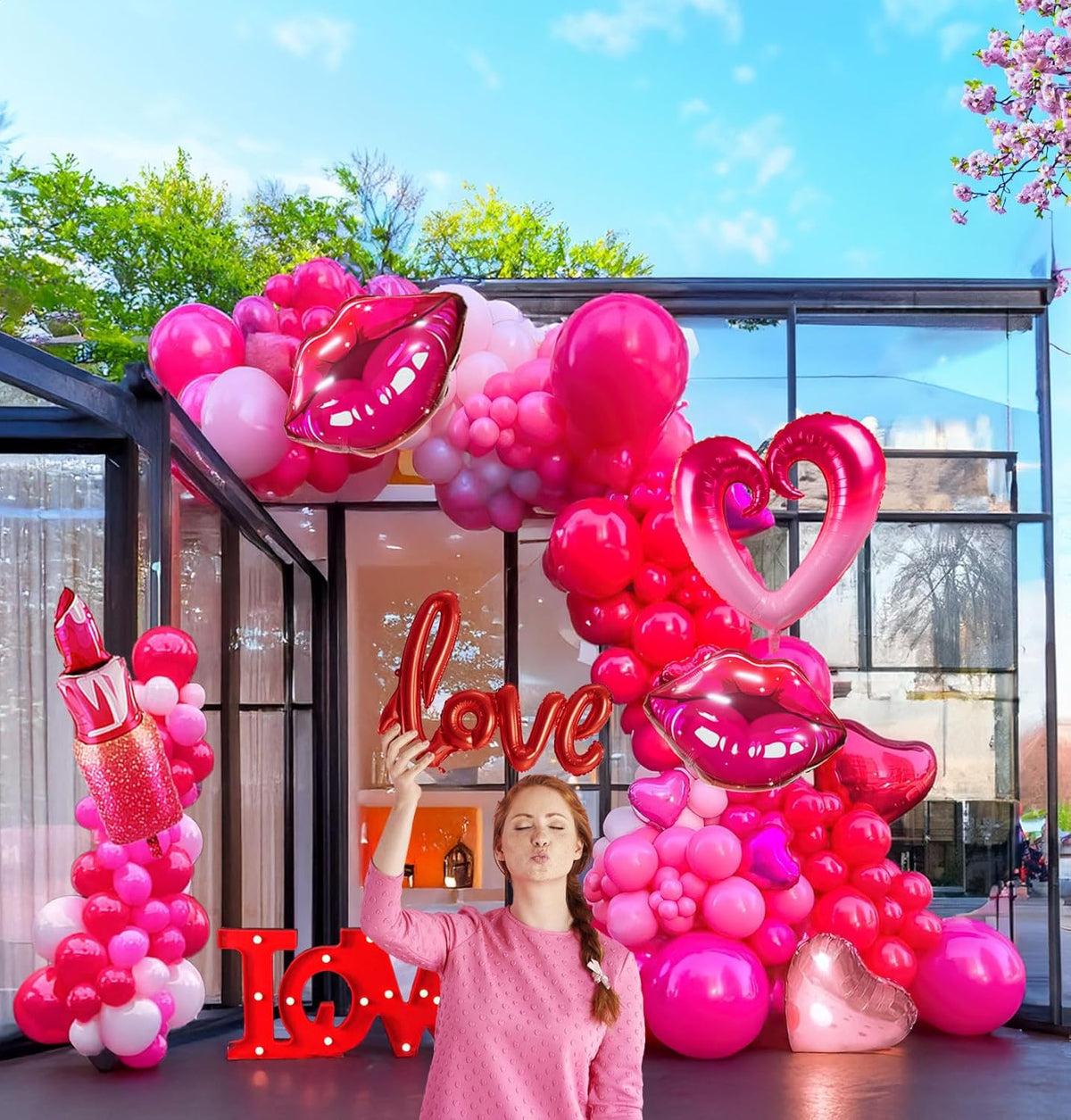 Valentines Day balloon garland arch kit with red Hot pink and love theme mylar lip heart-shaped