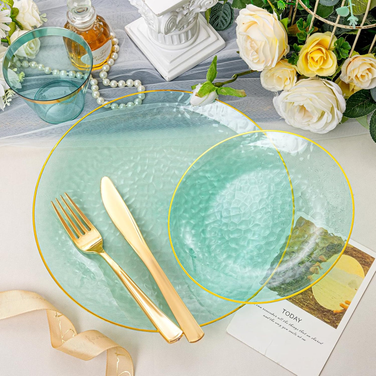 Rubtlamp 175 Pcs Green Plastic Plates Dinnerware Set (25 Guests), Hammered Plates Sets, Green
