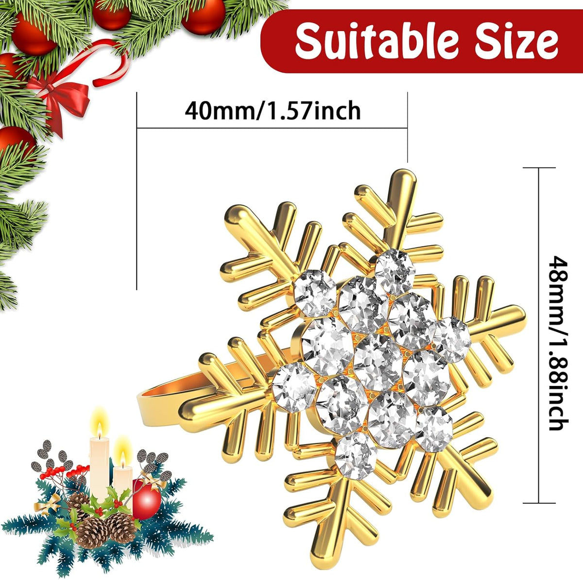 Halatool Christmas Napkin Rings Set of 12, Gold Snowflake with White Rhinestone Napkin Holder for