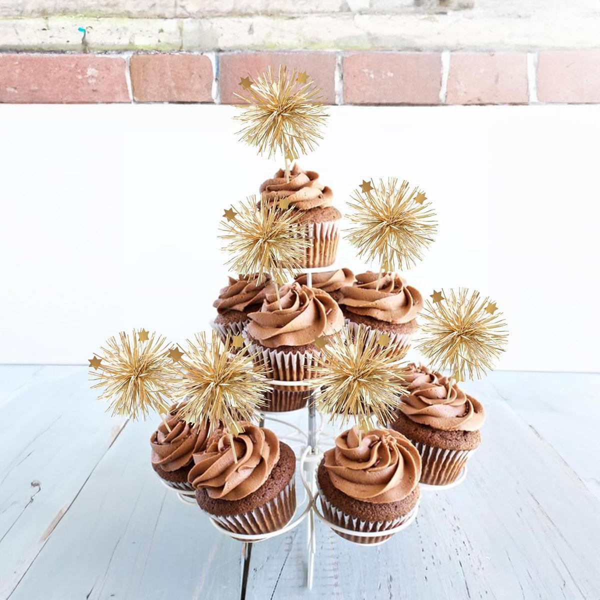 Ephlyn 30Pcs Foil Firework Cupcake Toppers Party Birthday Cake Toppers Supplies Sparkle Tinsel