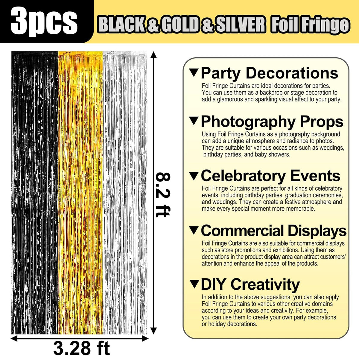 3 Pack Black Gold Silver Foil Fringe Curtain Backdrop, 3.28Ft x 8.2Ft Metallic Tinsel Foil Fringe