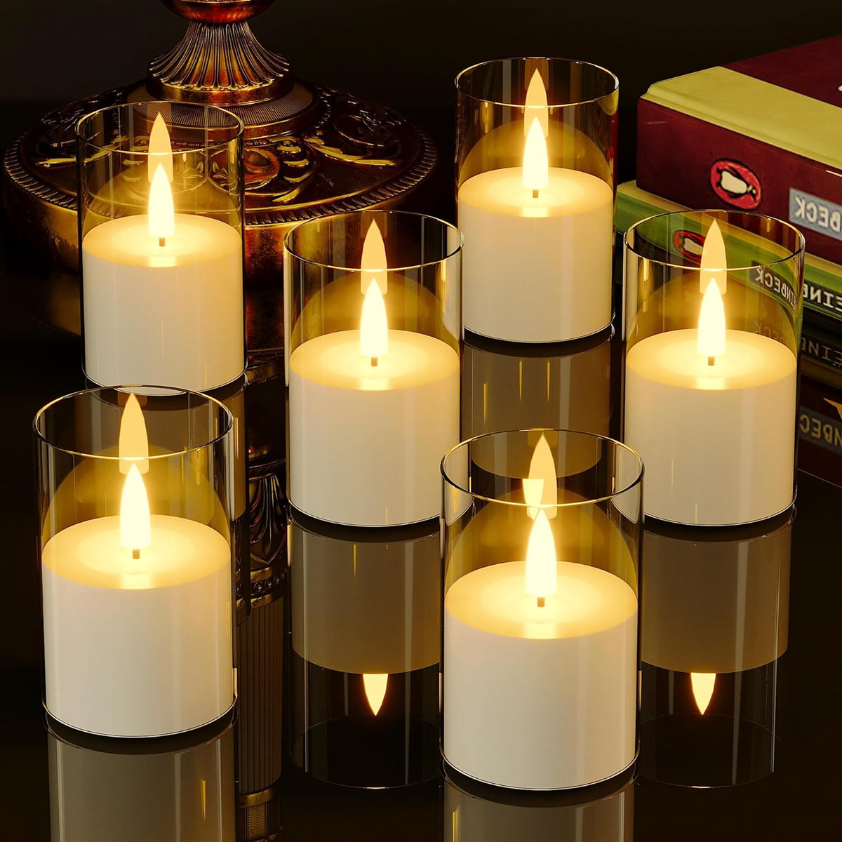 6Pack Flickering Flameless LED Candles with Timer, Battery Powered - Small Pillar & Votive, Clear