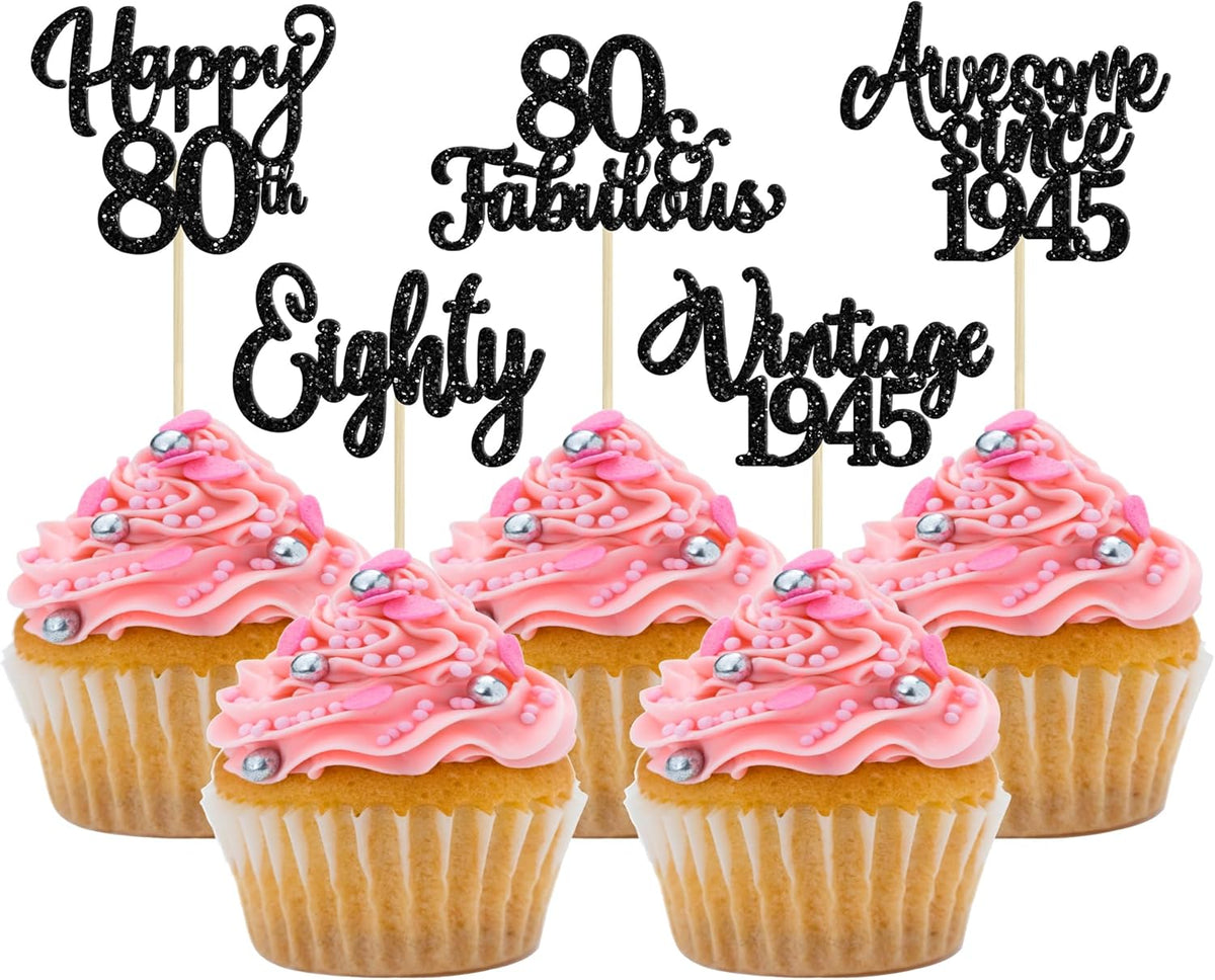 30Pcs Happy 80th Birthday Cupcake Toppers Glitter Awesome Since 1945 Eighty 80 Fabulous Vintage