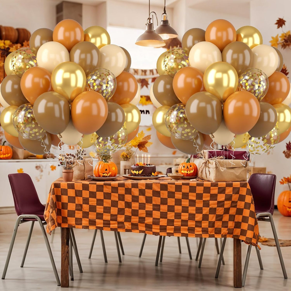 Fall Balloons, 52 PCS Brown Burnt Orange Autumn Balloons with Pumpkin & Maple Leaf Printed Balloon