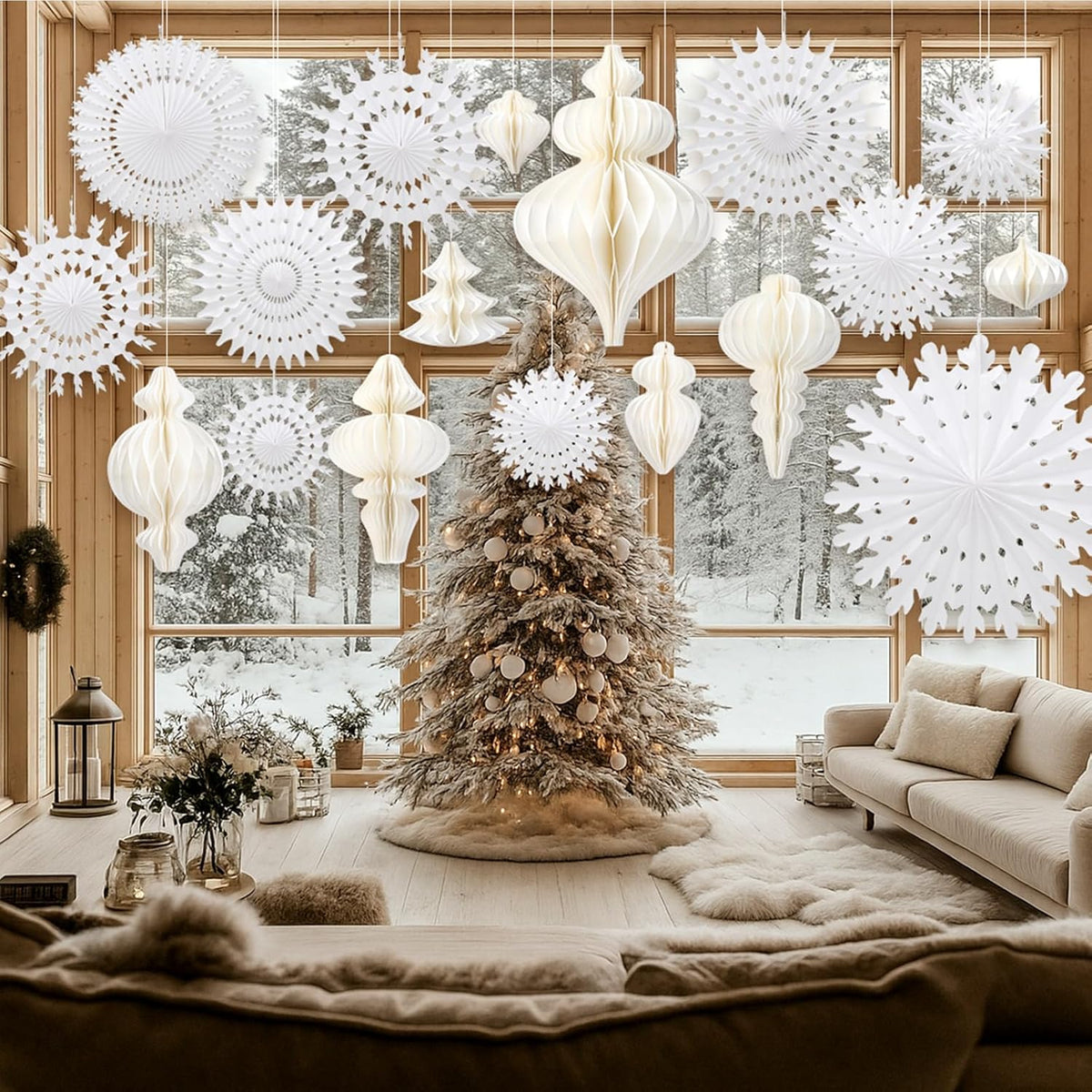 Cinnvoice 16 Pcs White Paper Snowflake Decorations 12 Pcs Christmas Paper Honeycomb Balls Ornaments