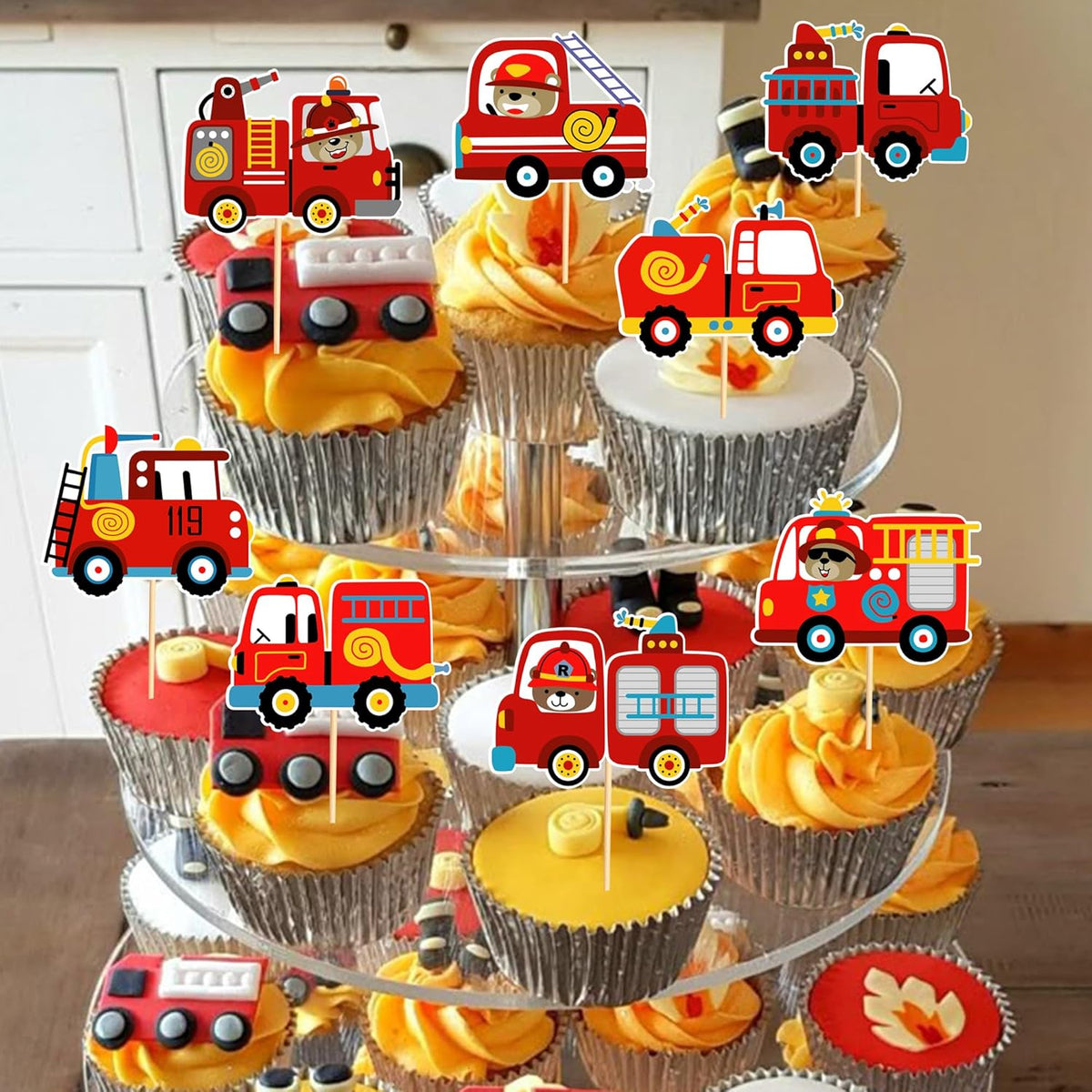 24pcs Fire Truck Cupcake Toppers Bear Firefighter Fire Truck Birthday Decorations Fireman Birthday