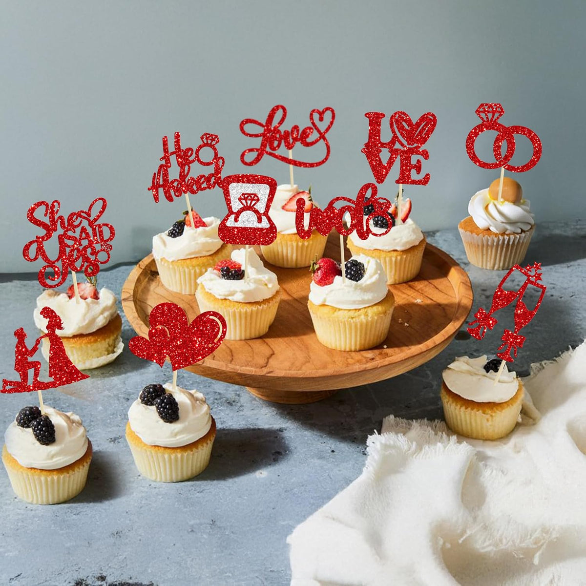 Ephlyn 30Pcs He Asked She Said Yes Cupcake Toppers Glitter Engagement Cupcake Toppers Diamond Ring