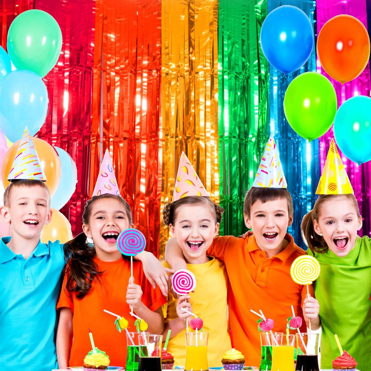 4 Packs Rainbow Foil Fringe Curtain, Assorted Color Metallic Tinsel Backdrop for Birthday, Baby