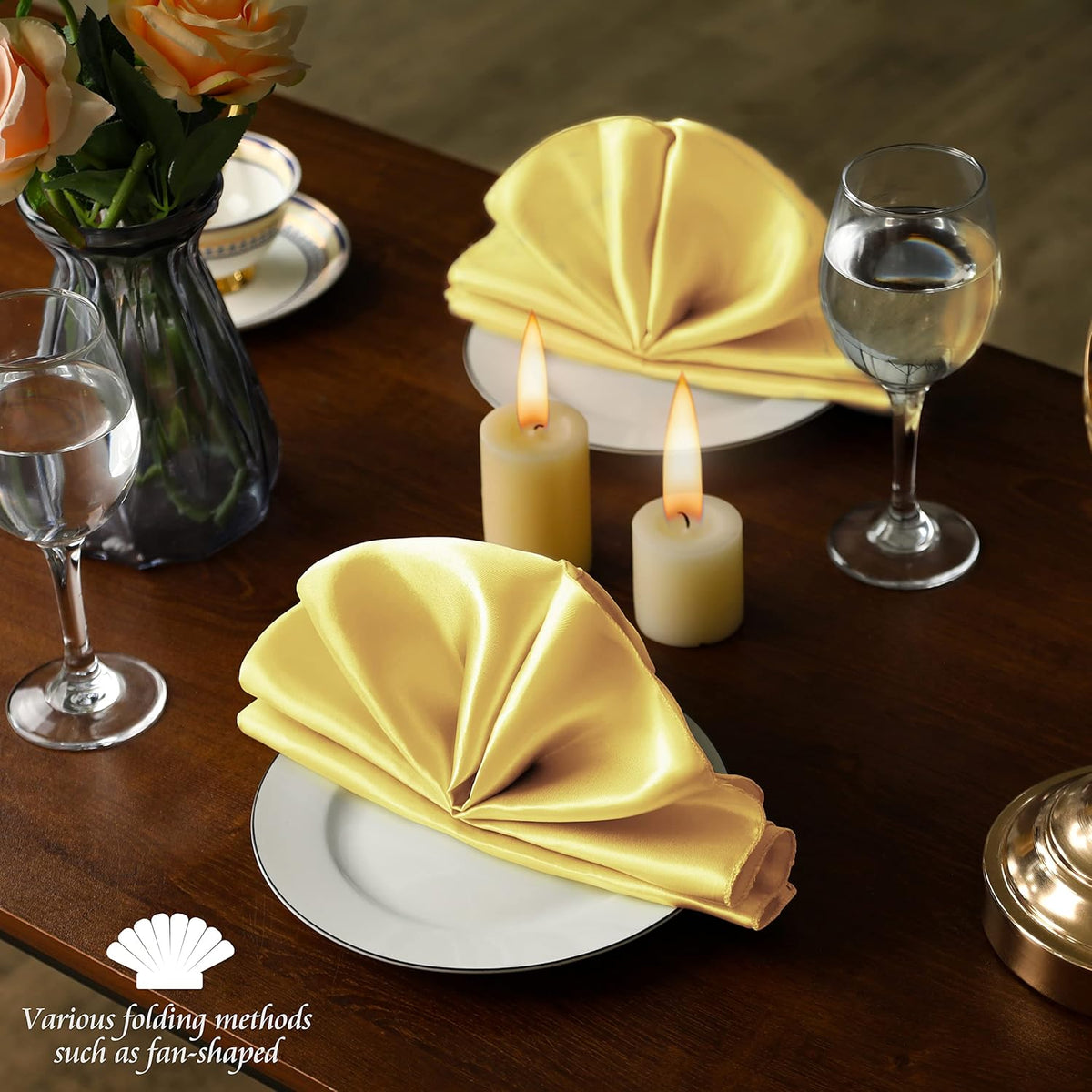 Manyshofu 50 Pieces Yellow Gold Satin Napkins - 12x12 Inches Cloth Napkins, Square Satin Fabric